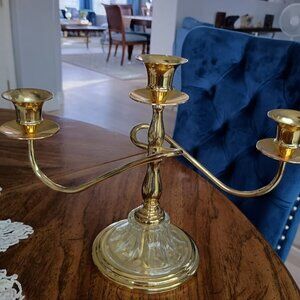 Vintage Teleflora 3 Arm Golden Brass Colored and Pressed Glass Candle Holder